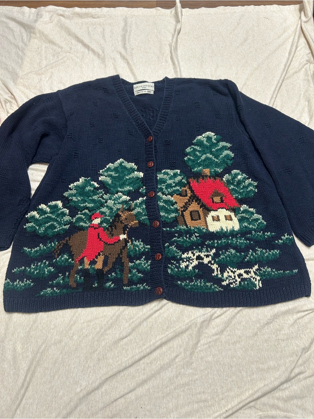 Vintage Marisa Christina Woman Hand Knit Cardi Sweater Hunting Scene Horse Dogs